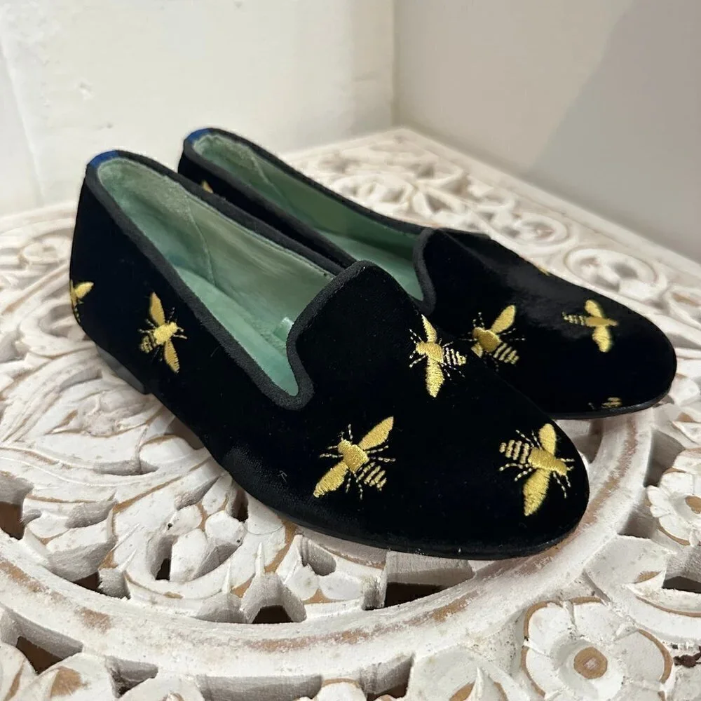 Blue bird gold embroidered bee black velvet smoking loafer